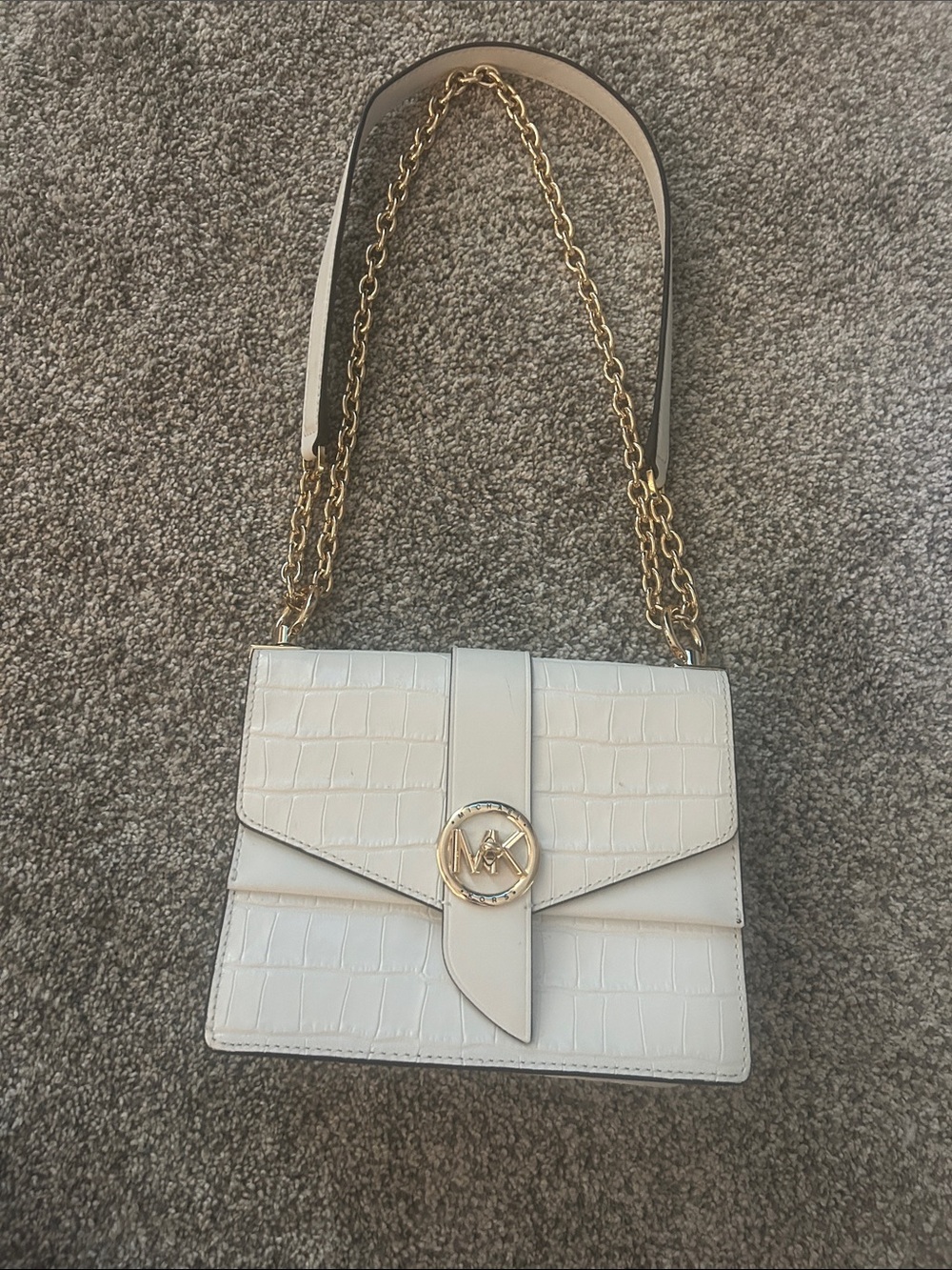 Michael Kors White Croc-Embossed Leather Chain Strap Shoulder Bag